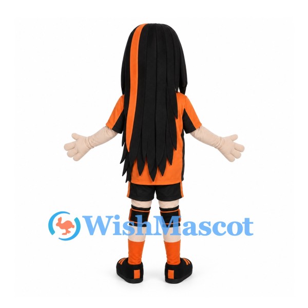 Wrestler Mascot Costume with Orange Mask and Long Black Hair