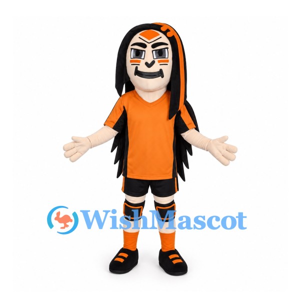 Wrestler Mascot Costume with Orange Mask and Long Black Hair