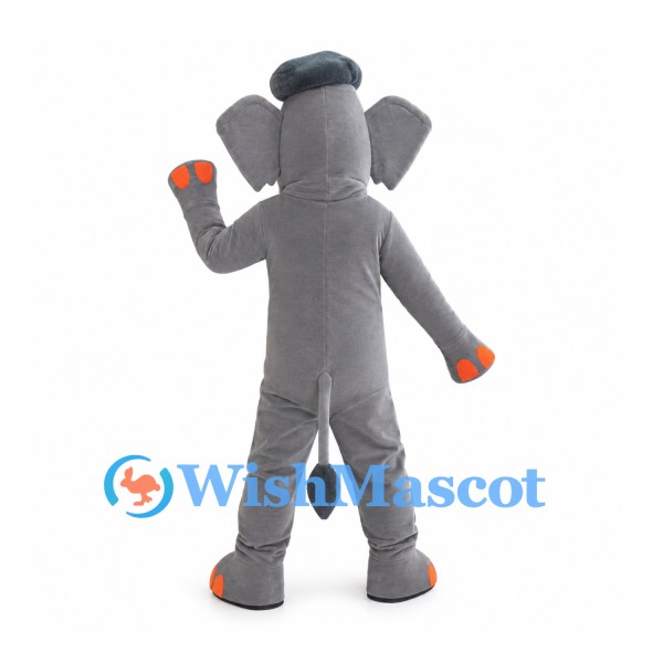 Gray Elephant Mascot Costume with Black Cap and White Tusks
