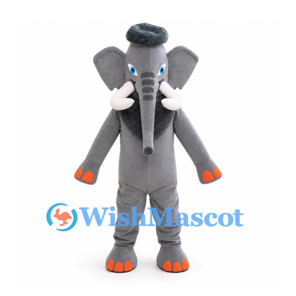Gray Elephant Mascot Costume with Black Cap and White Tusks