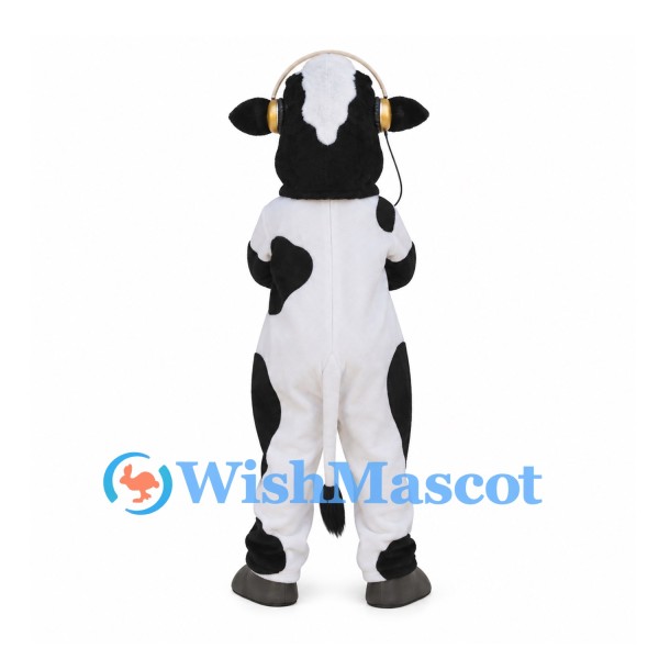 Black and White Cow Mascot Costume with Headphones