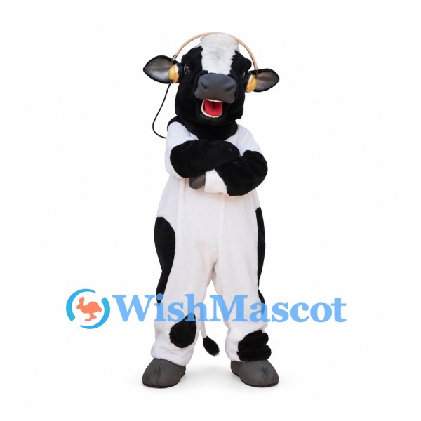 Black and White Cow Mascot Costume with Headphones