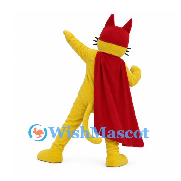 Yellow Cat Mascot Costume with Red Superhero Mask and Cape