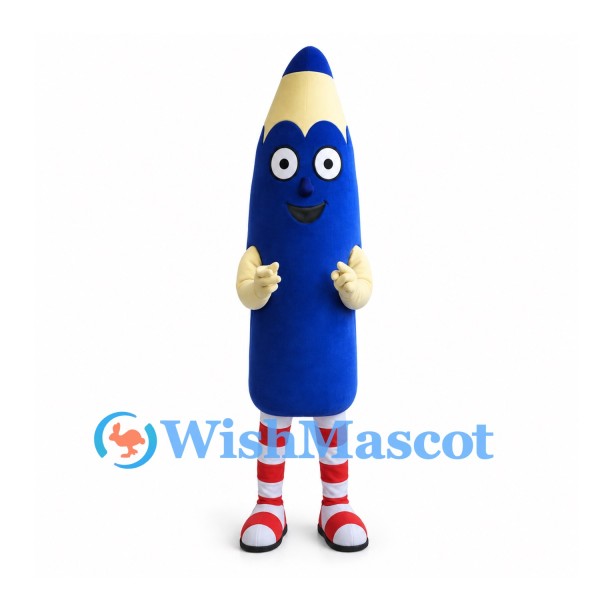 Blue Pencil Mascot Costume with Red and White Striped Socks