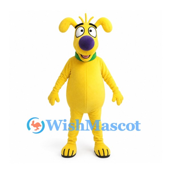 Yellow Dog Mascot Costume with Purple Nose and Green Collar