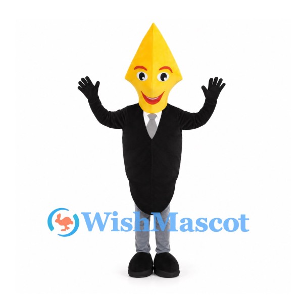 Fountain Pen Mascot Costume with Yellow Nib and Black Jacket