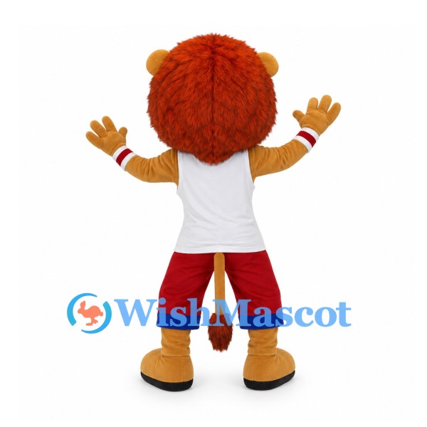 Lion Mascot Costume with White Sports Shirt and Red Shorts