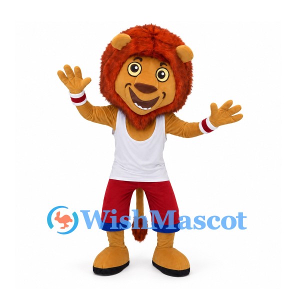 Lion Mascot Costume with White Sports Shirt and Red Shorts