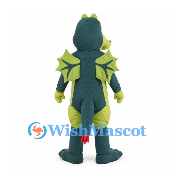 Green Dragon Mascot Costume with Yellow Belly and Small Wings
