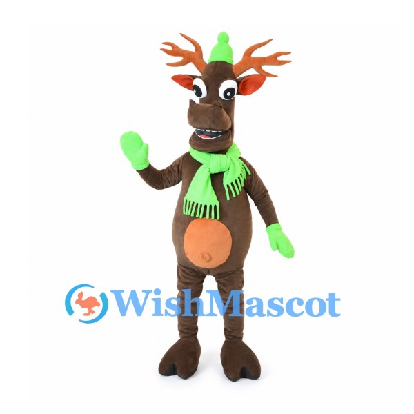 Reindeer Mascot Costume with Green Hat and Scarf