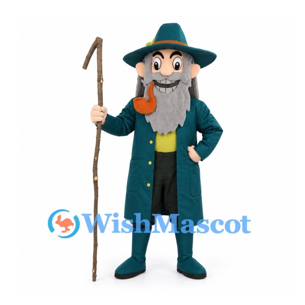 Wizard Mascot Costume with Teal Robe and Long Gray Beard