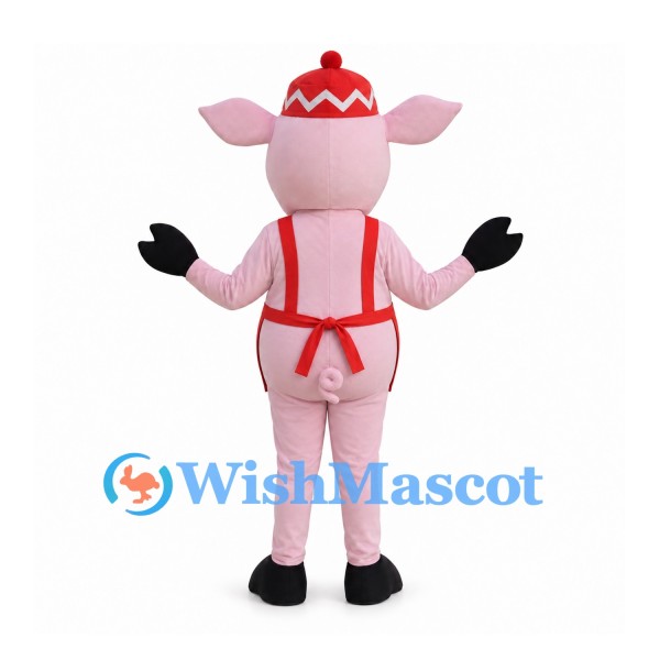 Pig Mascot Costume with Red Apron and Knit Hat