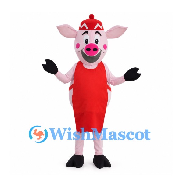 Pig Mascot Costume with Red Apron and Knit Hat