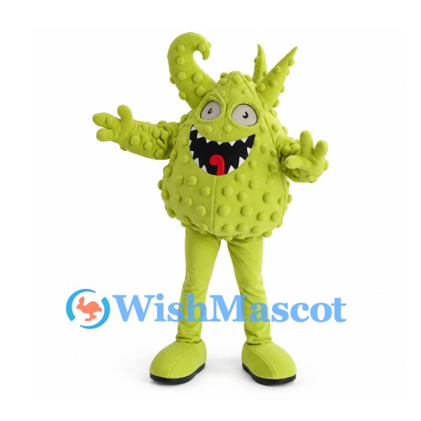 Green Monster Mascot Costume with Curled Horns and Textured Body