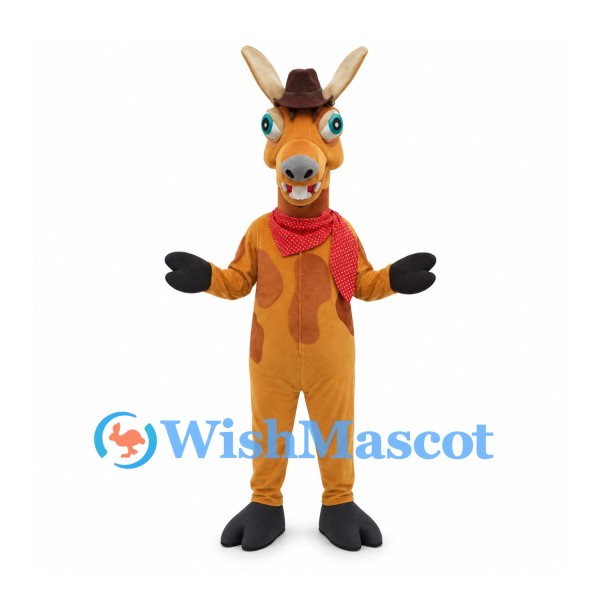 Horse Mascot Costume with Brown Cowboy Hat and Red Bandana