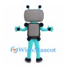 Robot Mascot Costume in Turquoise with Gray Screen Head