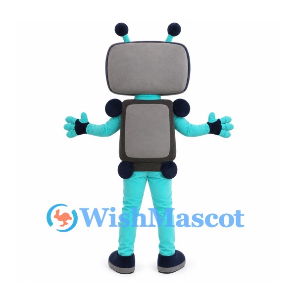 Robot Mascot Costume in Turquoise with Gray Screen Head