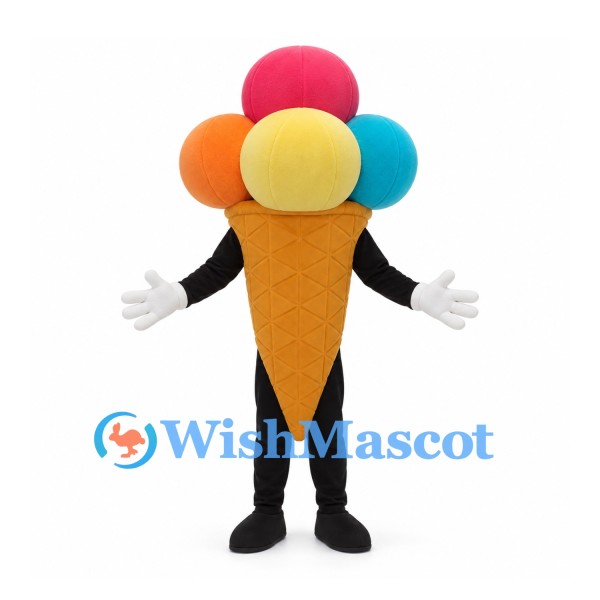 Ice Cream Cone Mascot Costume with Colorful Scoops
