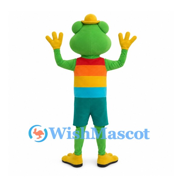 Frog Mascot Costume with Yellow Hat and Striped Shirt
