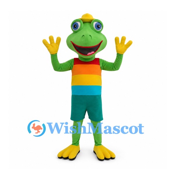 Frog Mascot Costume with Yellow Hat and Striped Shirt