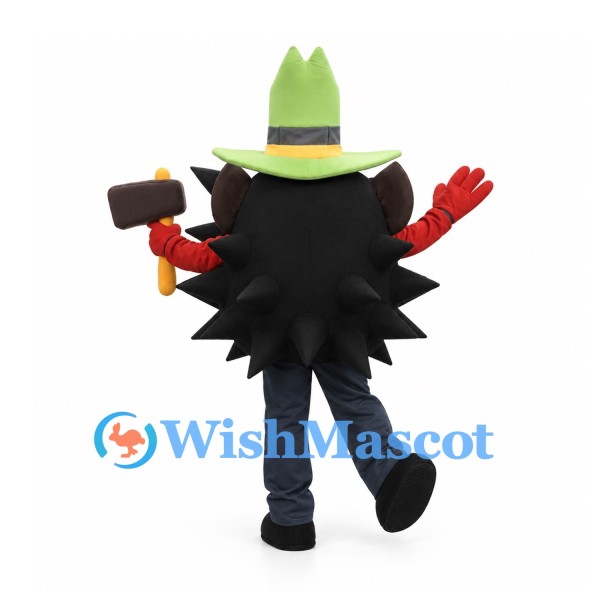 Black Monster Mascot Costume with Green Hat and Orange Gloves
