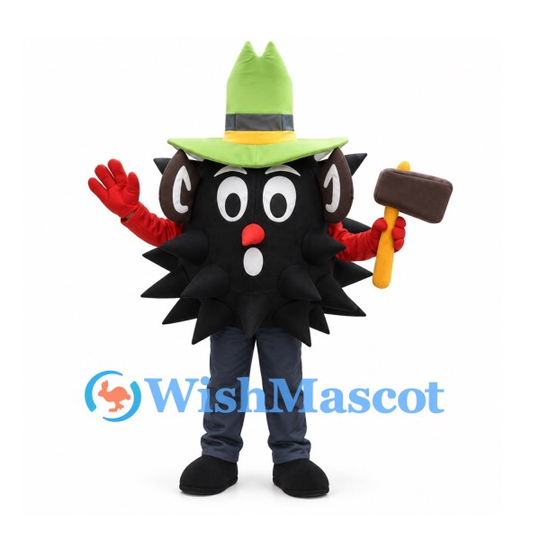 Black Monster Mascot Costume with Green Hat and Orange Gloves