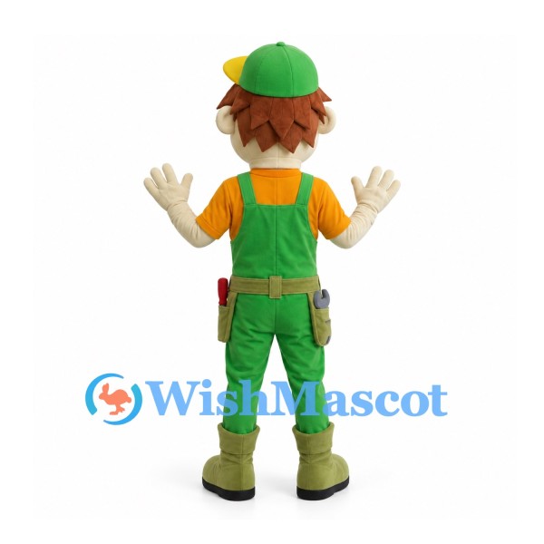 Handyman Mascot Costume with Green Overalls and Tool Belt