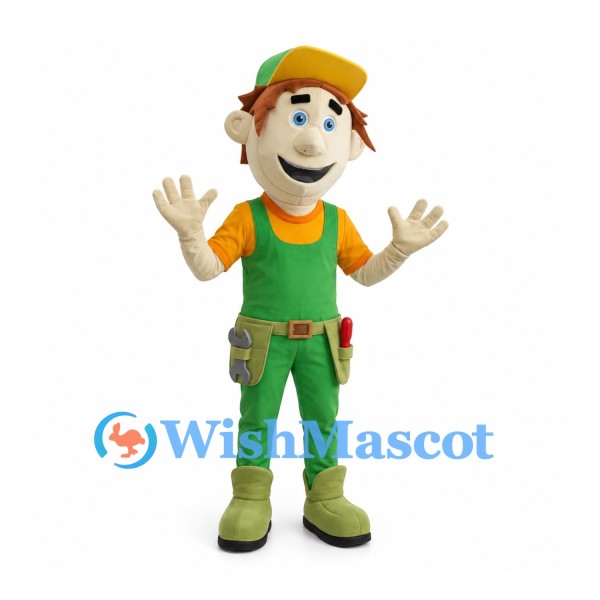 Handyman Mascot Costume with Green Overalls and Tool Belt