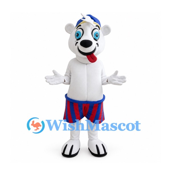 Polar Bear Mascot Costume with Blue Cap and Striped Shorts