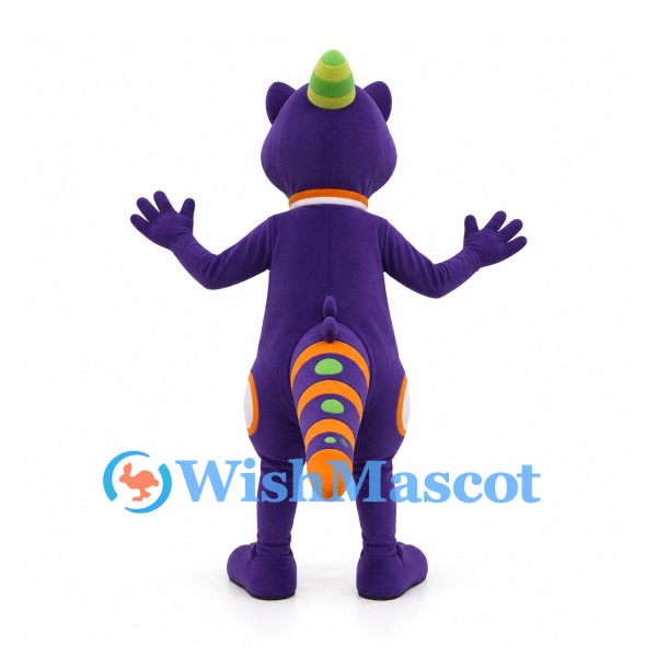 Purple Dragon Mascot Costume with Green Snout and Striped Tail