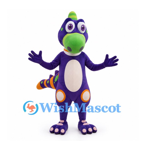 Purple Dragon Mascot Costume with Green Snout and Striped Tail