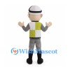Miner Mascot Costume with White Helmet and Yellow Safety Vest