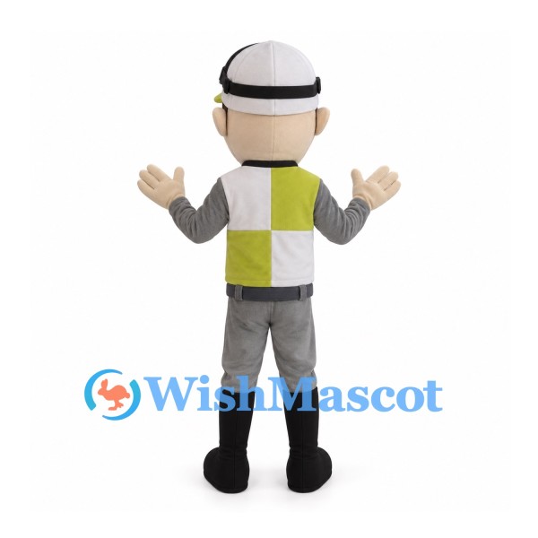 Miner Mascot Costume with White Helmet and Yellow Safety Vest