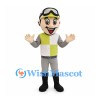 Miner Mascot Costume with White Helmet and Yellow Safety Vest