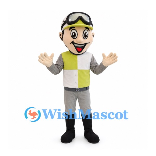 Miner Mascot Costume with White Helmet and Yellow Safety Vest