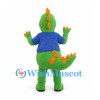Green Dinosaur Mascot Costume with Blue Shirt and Orange Spikes