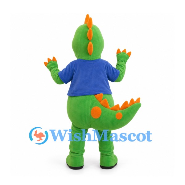 Green Dinosaur Mascot Costume with Blue Shirt and Orange Spikes