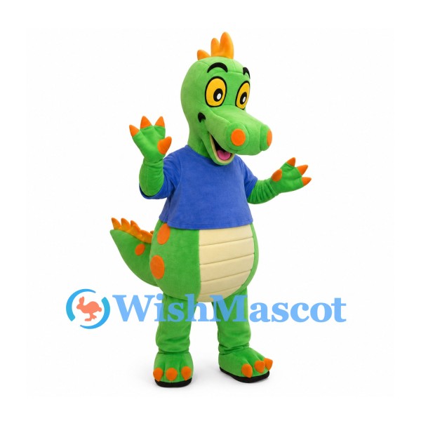 Green Dinosaur Mascot Costume with Blue Shirt and Orange Spikes