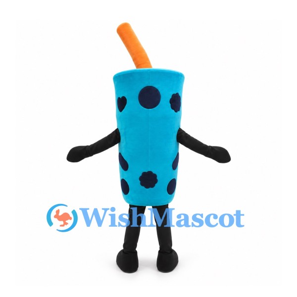 Bubble Tea Cup Mascot Costume in Blue with Orange Straw
