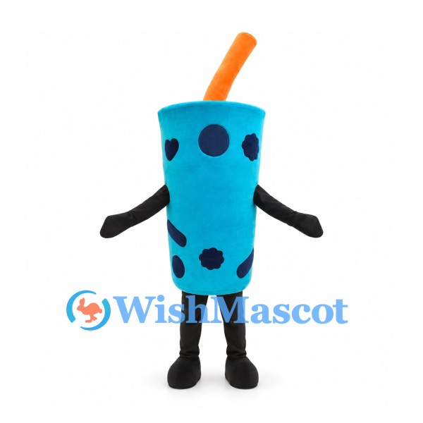 Bubble Tea Cup Mascot Costume in Blue with Orange Straw