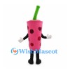 Bubble Tea Cup Mascot Costume in Pink with Green Straw