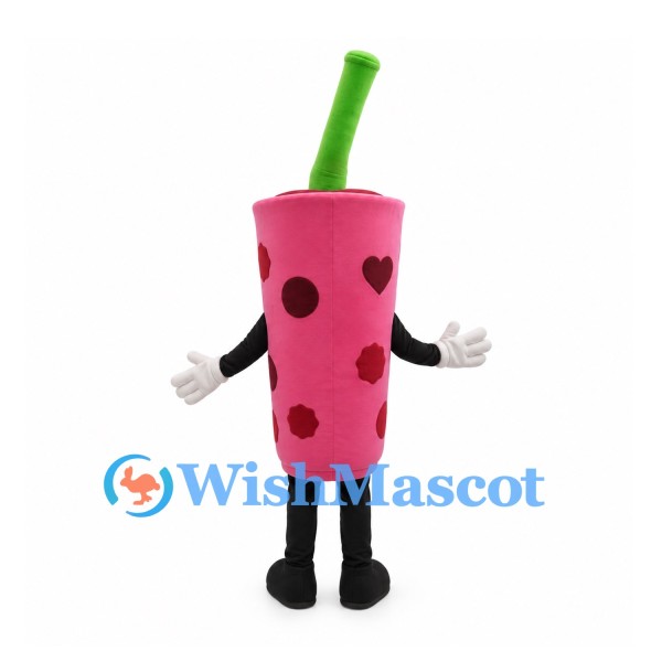 Bubble Tea Cup Mascot Costume in Pink with Green Straw