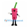 Bubble Tea Cup Mascot Costume in Pink with Green Straw
