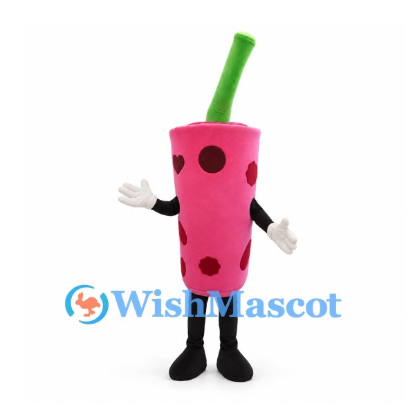 Bubble Tea Cup Mascot Costume in Pink with Green Straw