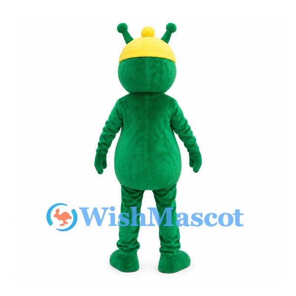 Green Alien Mascot Costume with Yellow Cap and Belly Patch