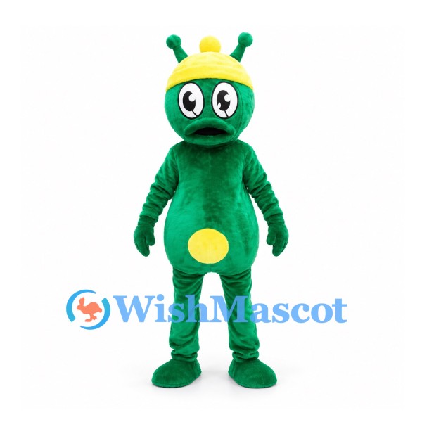 Green Alien Mascot Costume with Yellow Cap and Belly Patch
