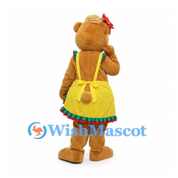 Brown Bear Mascot Costume with Yellow Apron Dress and Hair Bows