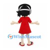 Girl Mascot Costume with Black Hair, Headphones and Red Dress