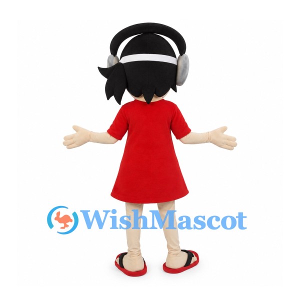 Girl Mascot Costume with Black Hair, Headphones and Red Dress