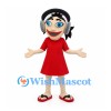 Girl Mascot Costume with Black Hair, Headphones and Red Dress